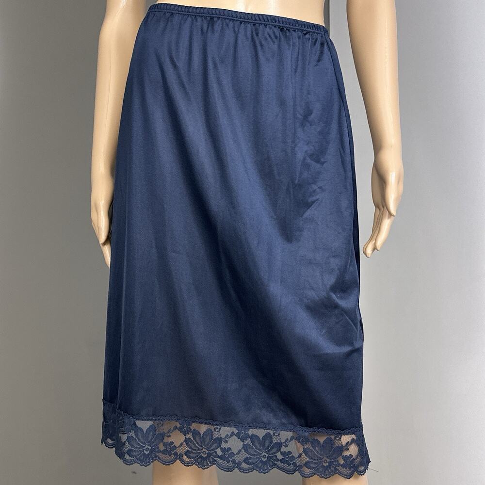 Vintage Half Slip Skirt Size Small Dark Blue Lorraine Wide Lace Nylon USA Made